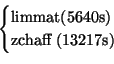 \begin{displaymath}\begin{cases}\text{limmat(5640s)}\\ \text{zchaff (13217s)}\end{cases}\end{displaymath}